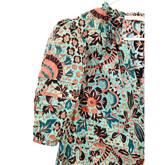 Ulla Johnson Top Jade Imari Dress Blouse Floral Blue Green Short Puff Sleeve 6 M - Picture 5 of 8